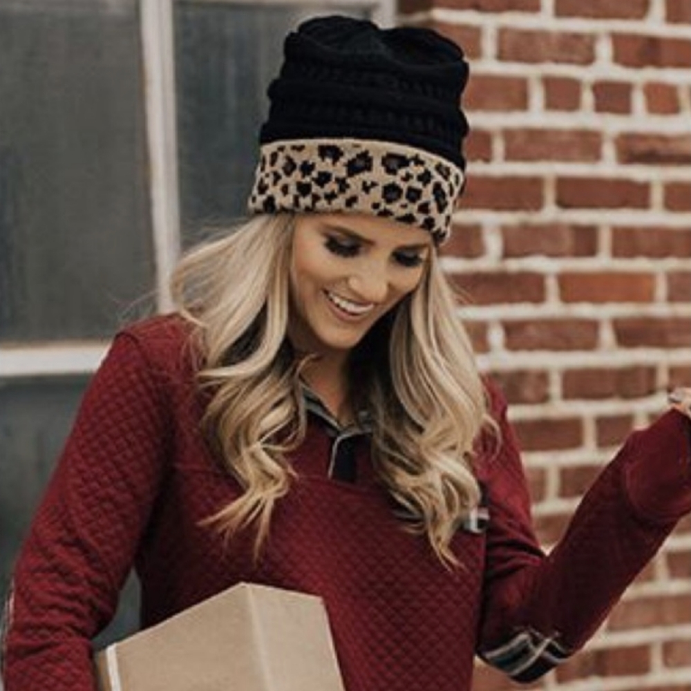 LAST ONE! 🥳HOST PICK🥳 NWT C.C. Black and Leopard Print Knit Beanie - Picture 10 of 16